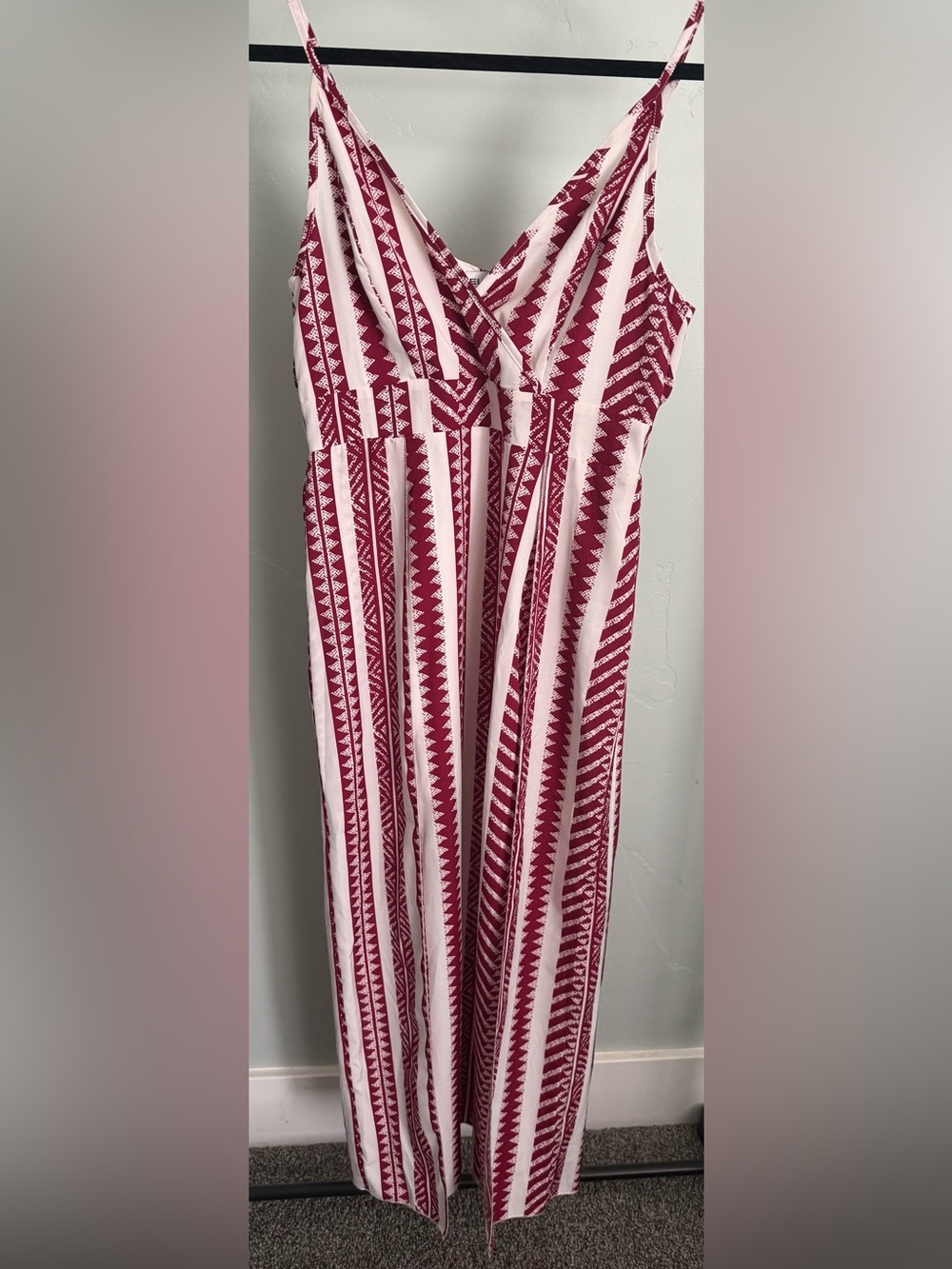 Geometric Striped White Burgundy Long Dress